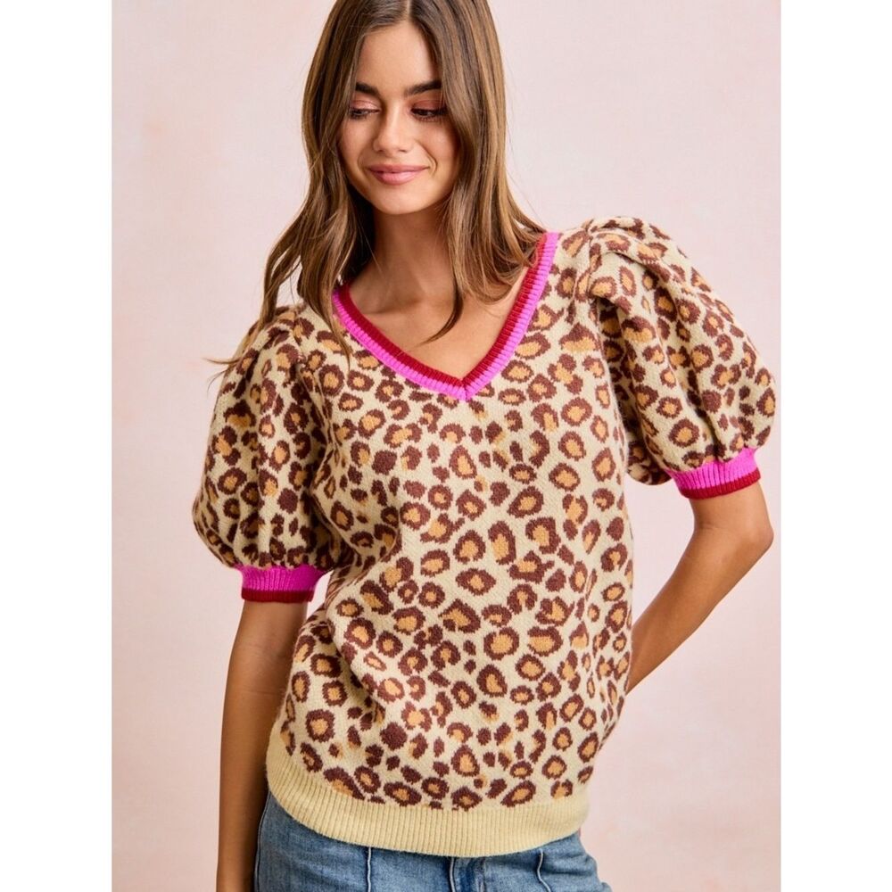 BiBi Leopard Pattern Puff Sleeve V-neck Sweater Top sz XL - Picture 5 of 7